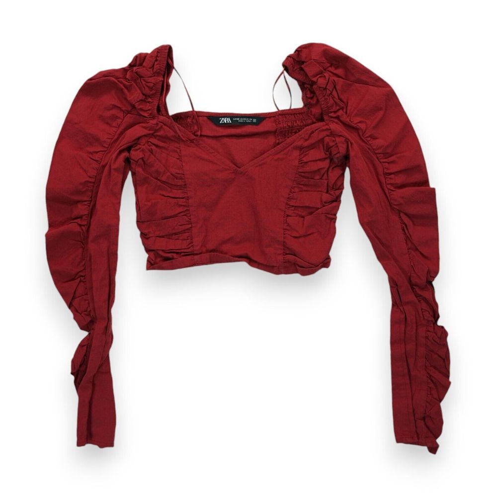 ZARA Top Blouse  V-Neck Cropped Size XS Puff Shoulders Long Sleeves‎ Burgundy.